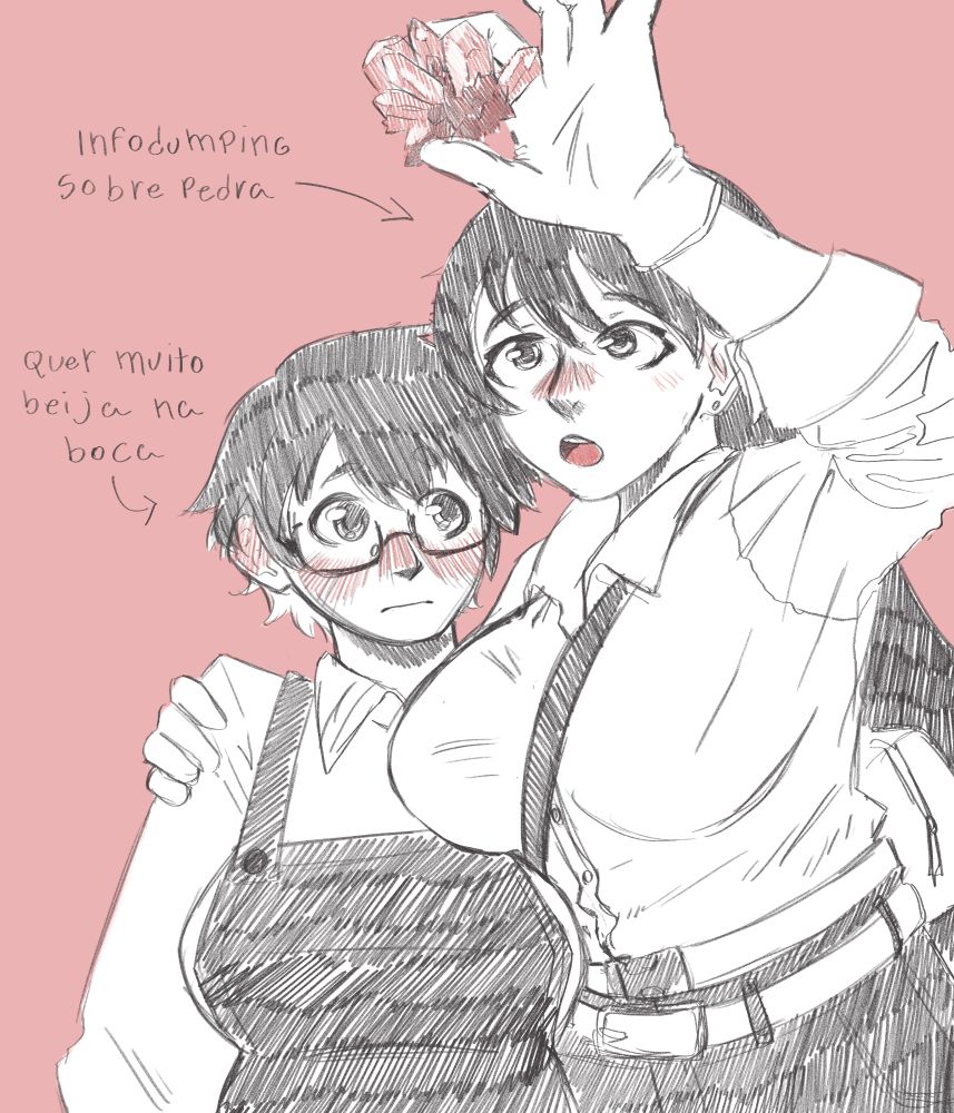 desenho de Nagi Arato de ruri rocks abraçando e mostrando um cristal para Yoko Imari, que está corada, o texto 
