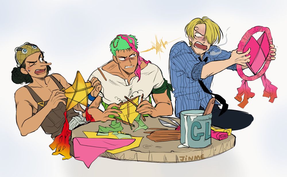 Usopp, Zoro e Sanji de One Piece sentados em volta de uma mesa fazendo parols.