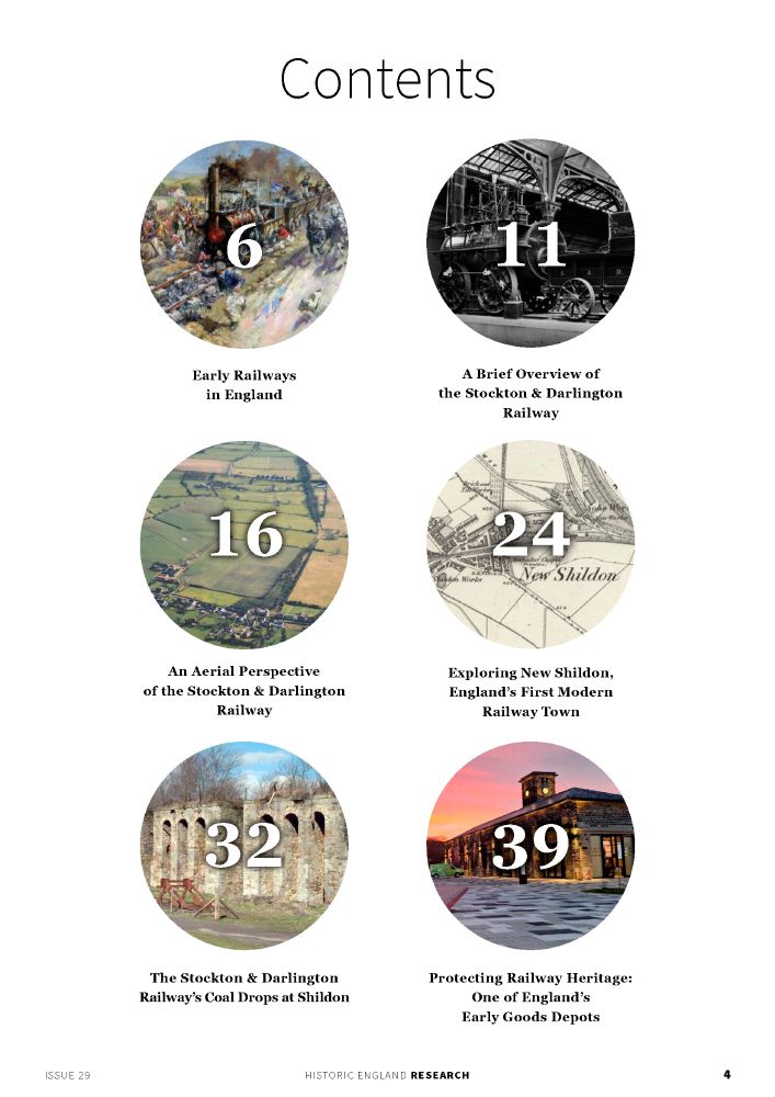 Colour screengrab of magazine’s contents page, 1 of 2:

Page 6 – Early Railways in England.
Page 11 – A Brief Overview of the Stockton & Darlington Railway.
Page 16 – An Aerial Perspective of the Stockton & Darlington Railway.
Page 24 – Exploring New Shildon, England’s First Modern Railway Town.
Page 32 – The Stockton & Darlington Railway’s Coal Drops at Shildon.
Page 39 – Protecting Railway Heritage: One of England’s Early Goods Depots.