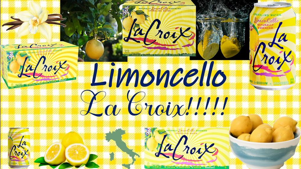Limoncello la croix themed desktop wallpaper. The background is a yellow and white checkerboard. In the middle it says "Limoncello La Croix!!!!!" and around the text there is pictures of limncello cans, limoncello boxes, lemons, a vanilla plant, and a map of Italy.