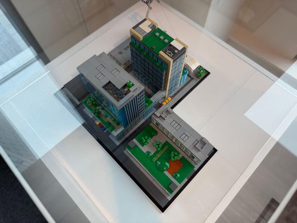 Over head shot of medical towers and guest housing made of LEGO 