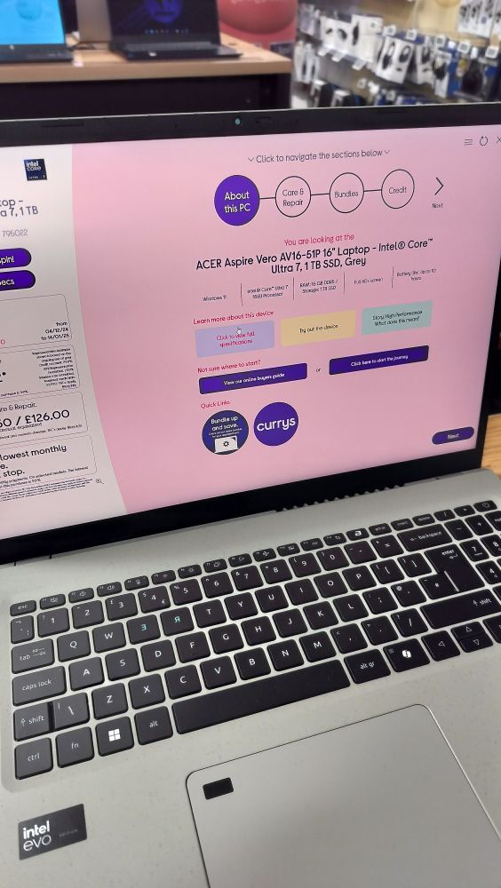 A 2024 Acer Aspire Vero laptop with the right-hand utility keys replaced almost entirely by a Microsoft Copilot AI hardware trigger key