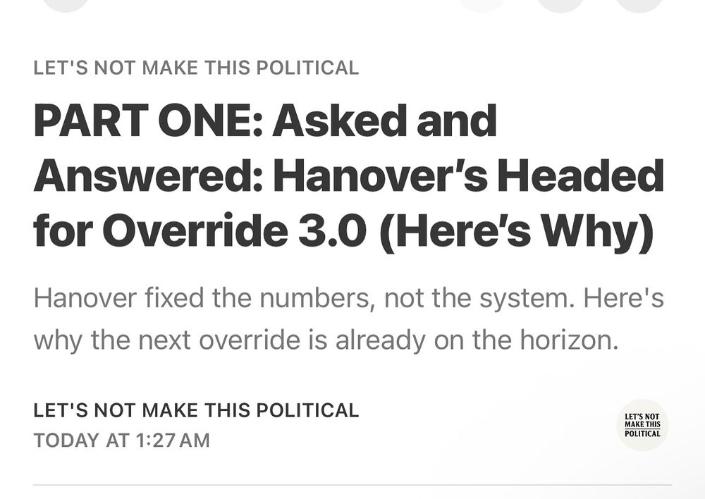 LET'S NOT MAKE THIS POLITICAL
PART ONE: Asked and
Answered: Hanover's Headed for Override 3.0 (Here's Why)