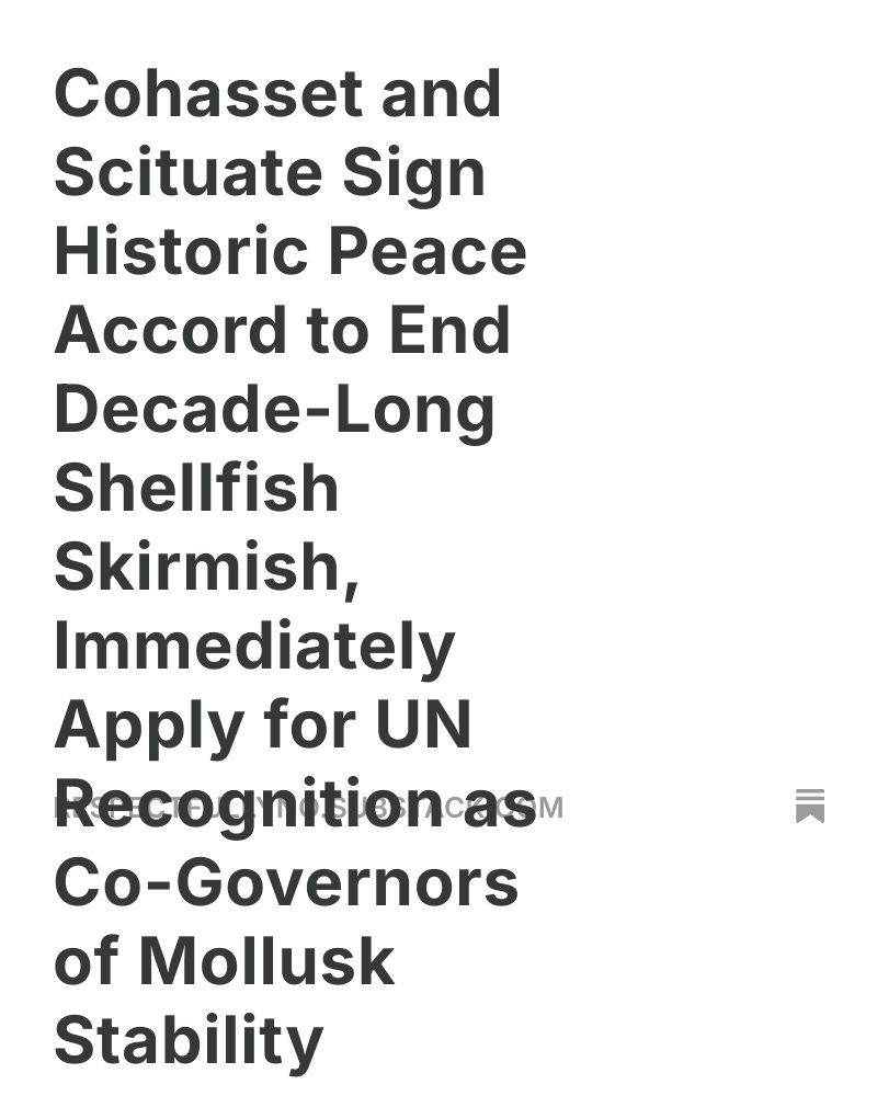 Cohasset and Scituate Sign
Historic Peace Accord to End Decade-Long
Shellfish
Skirmish, Immediately Apply for UN
Recognition as Co-Governors of Mollusk Stability