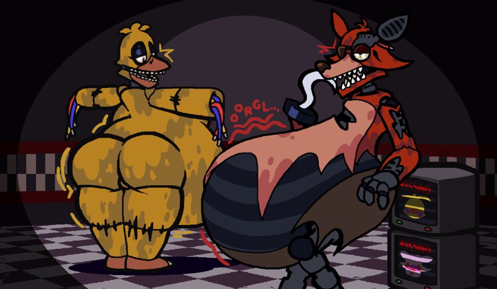 The withered versions of Foxy and Chica stand within the pizzeria, Foxy leaning against a set of monitors alerting that their toy variants had gone missing. Curious. The old '85 robots are notably sporting heavier bellies than usual, large animatronic-sized guts bulging out from their animal suits. Foxy is picking at his teeth with his hook, with a disinterested gaze. Chica however is looking intently down at her gut, as it hangs past her thighs.