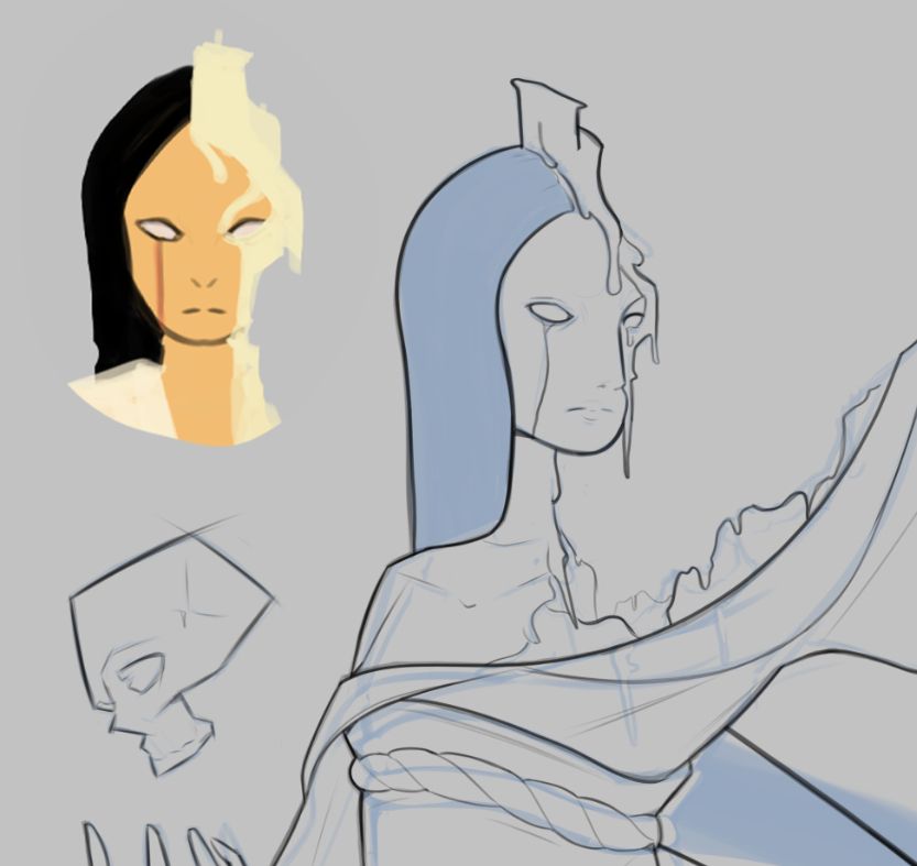 A zoomed wip drawing of a woman with half her face made of melting wax, looking stern. Also there is a floating skull