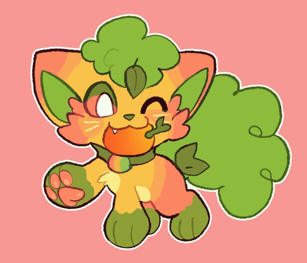 A cute drawing of a mango themed fox holding a mango with his mouth 