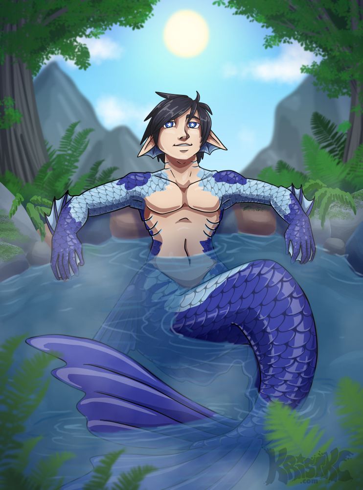 Blue merman sitting in a hot spring during the day. 