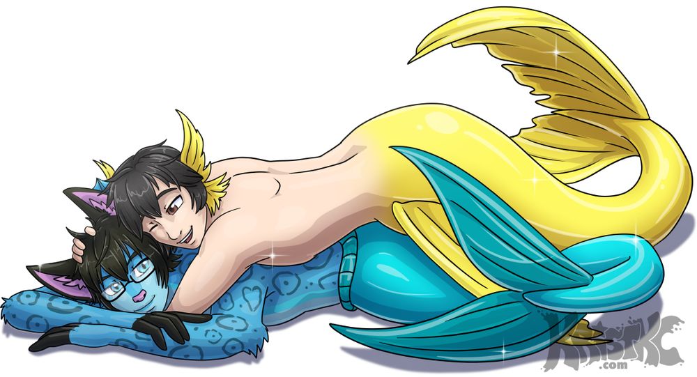 Yellow merman laying on and hugging a blue and tail leapard merfurry