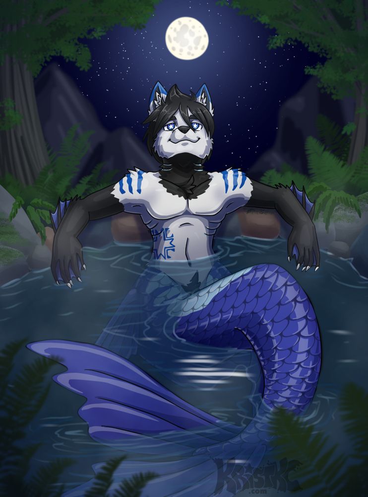 Blue merman sitting in a hot spring during the night. A full moon is behind him. His humanloid part is now wolf. 