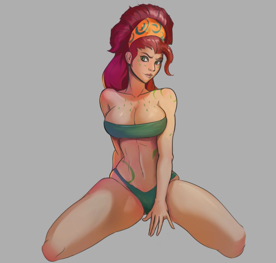 A seductive digital painting of a red-haired woman kneeling on the floor in a tight green bikini. Although she’s usually shy, this pose shows her more confident and playful side. She has a teasing expression, body paint marks on her skin, and a vibrant, stylized look with smooth shading and bold lines.