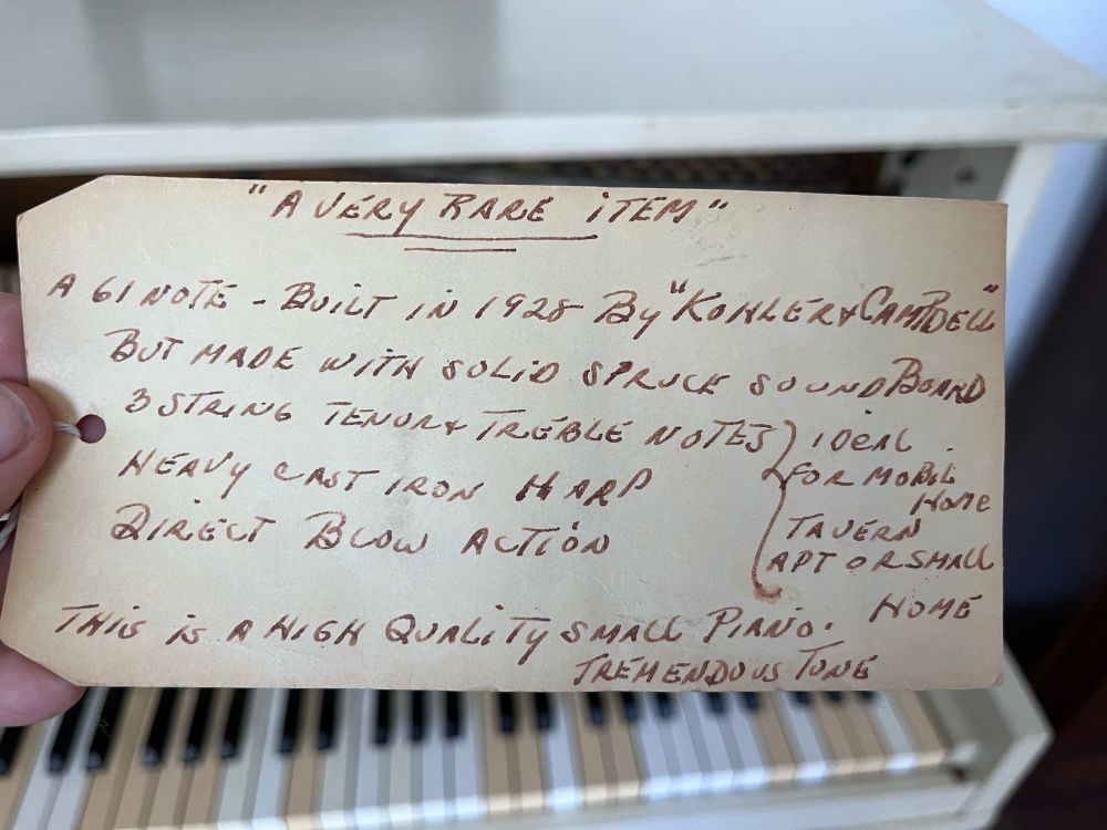Original or resale tag for antique piano