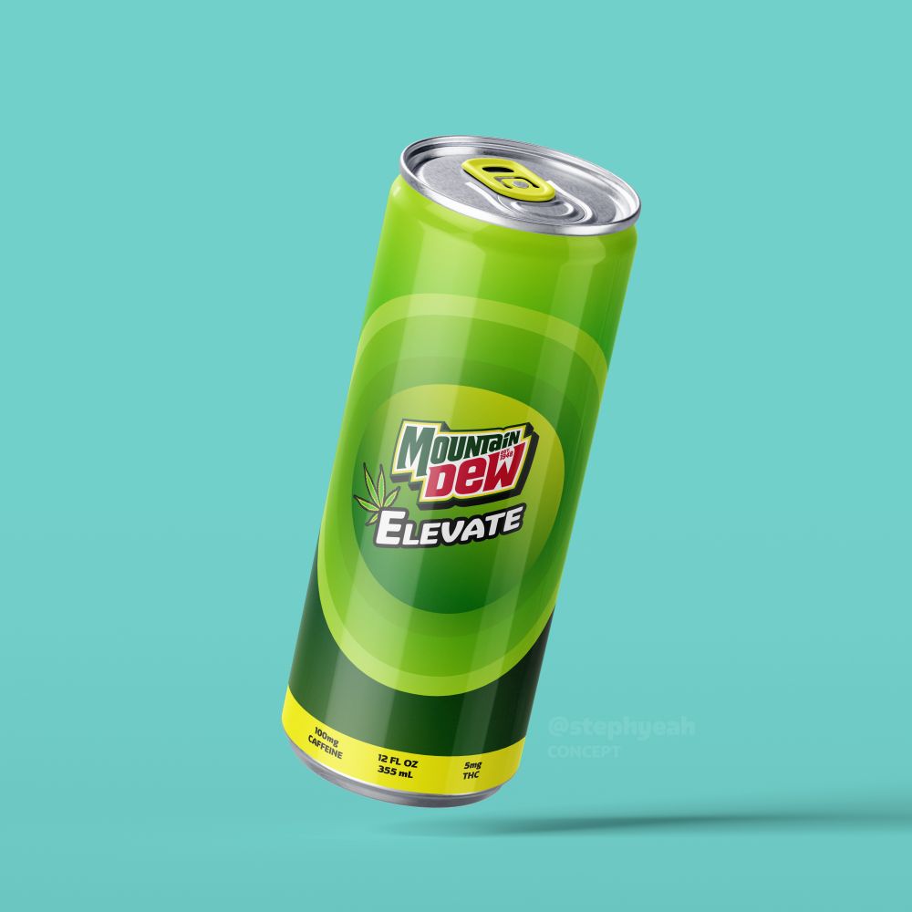 Energy drink can with a yellow pull-tab on a light blue background, three bright green rings surround a logo concept for Mountain Dew Elevate with a cannabis leaf. A bright yellow border on the bottom contains the details for the drink content.