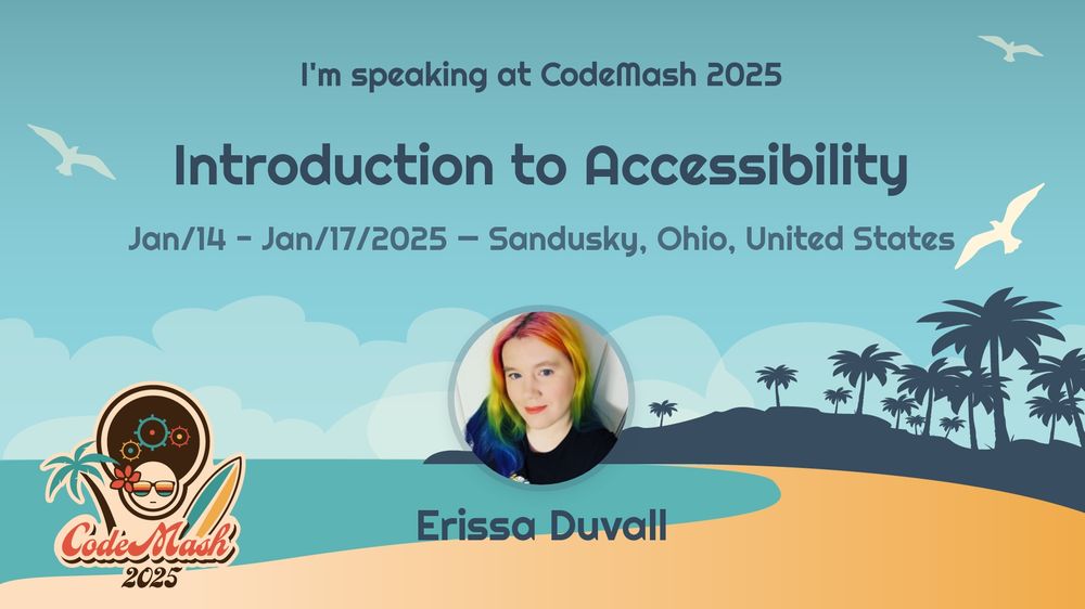 CodeMash Speaker poster featuring info from post against a sandy, beach background.