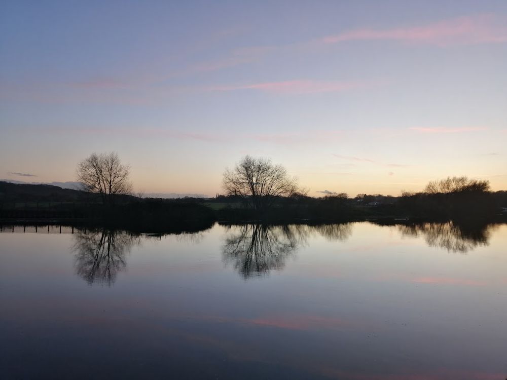 A calm river with a few sparse trees on the opposite side. It is afternoon and the sun is setting already. A few very light clouds have a soft rosy colour. Both the clouds and the trees are reflected in the clear water of the river. The scene is very peaceful.