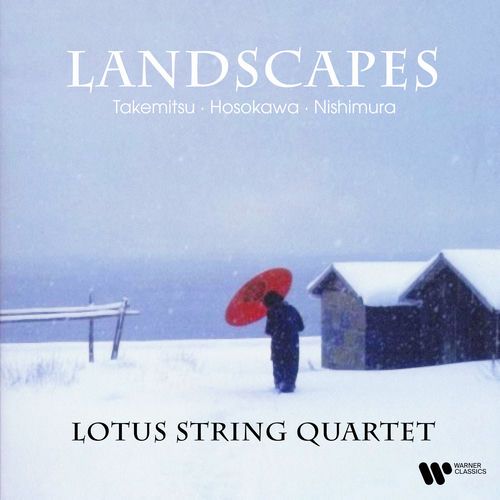Landscapes

Takemitsu - Hosokawa - Nishimura - Yashiro - Miyoshi
Lotus Quartet 

Warner Classics

The cover depicts a human figure dressed with a long dark dress and holding a red parasol. The person stands in a flat snowy landscapes, with two small wooden houses on the right-hand side, whose roofs are covered in snow. It is snowing in the scene, and we cannot see far away. The backgorund is a soft light blue colour. 