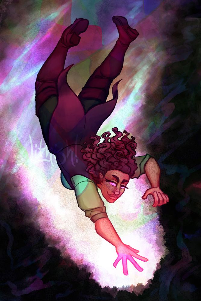 A digital drawing of a woman diving down through a luminous, magical void with a smile. Colorful light extends from her outstretched hand to billow around her.