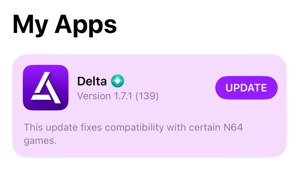 Delta 1.7.1 In-App Release Notes: 

This update fixes compatibility with certain N64 games.
