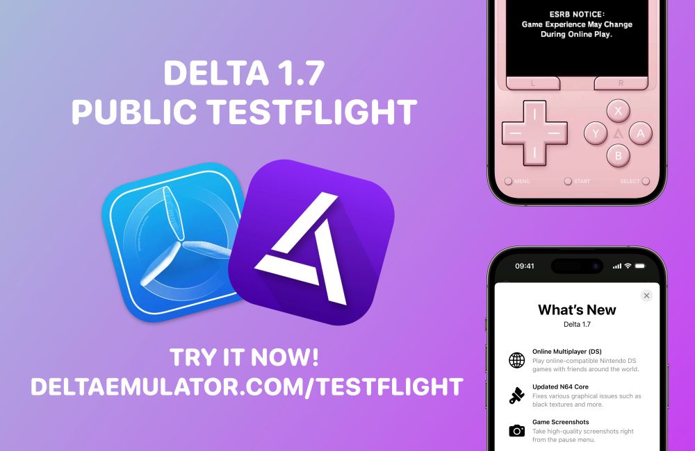 Promo Image: "Delta 1.7 Public TestFlight; Try It Now! deltaemulator.com/testflight"