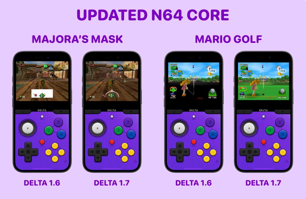 Screenshot of before/after for Majora’s Mask and Mario Golf showing improved graphics