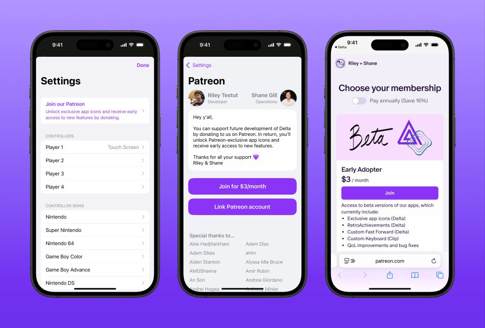 Promo image showing 3 screenshots of Delta’s new Patreon sign-up flow