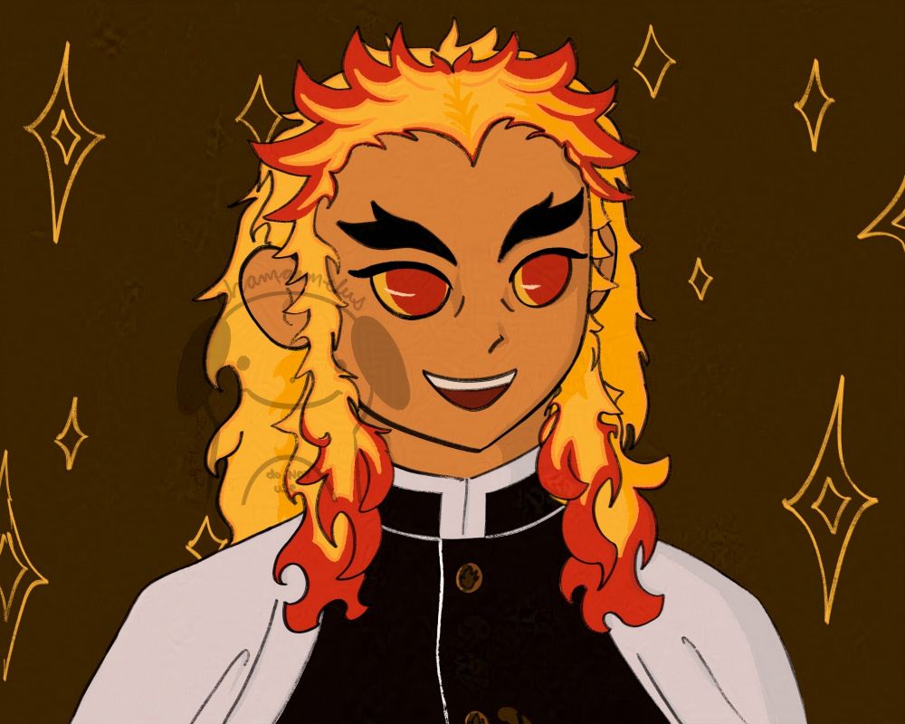 digital drawing of Kyojuro Rengoku from Demon Slayer. he is smiling and looking to the side. there is a brown background and yellow sparkles behind him.