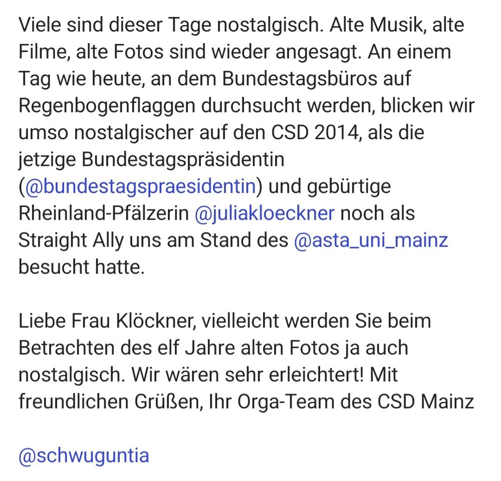 Statement des CSD Mainz dazu, dass Julia Glöckner 2014 den CSD besucht hat und sich heute anders positioniert.