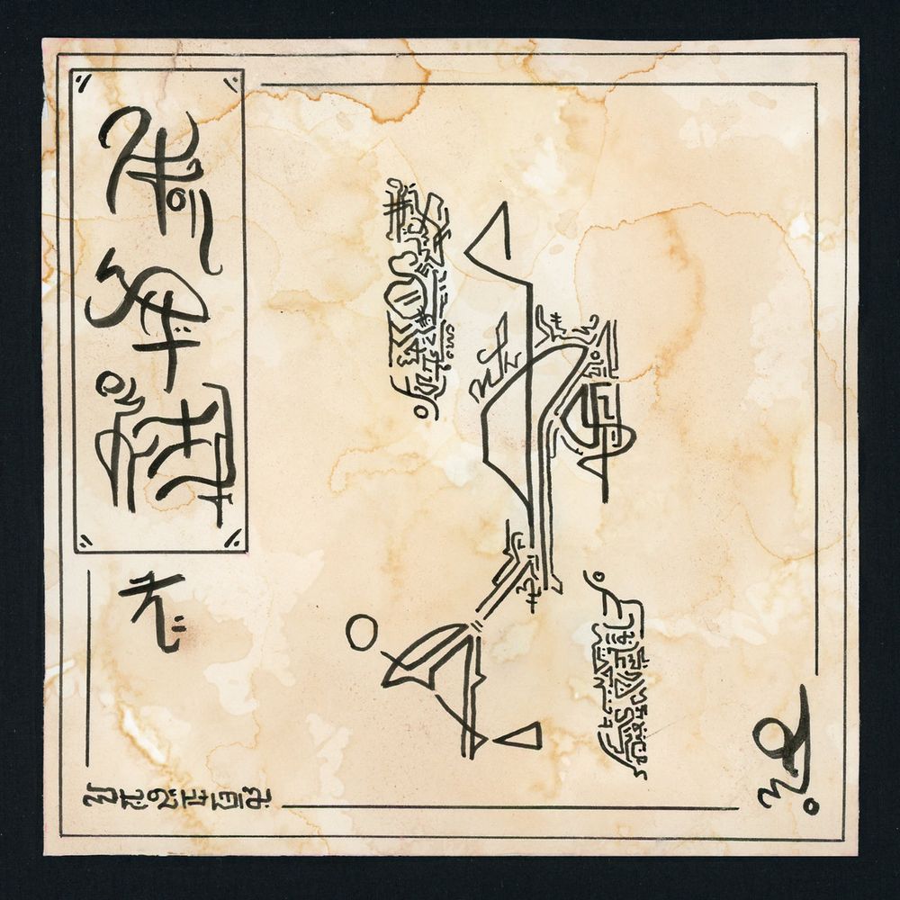 pen and ink drawing on aged paper. asemic text