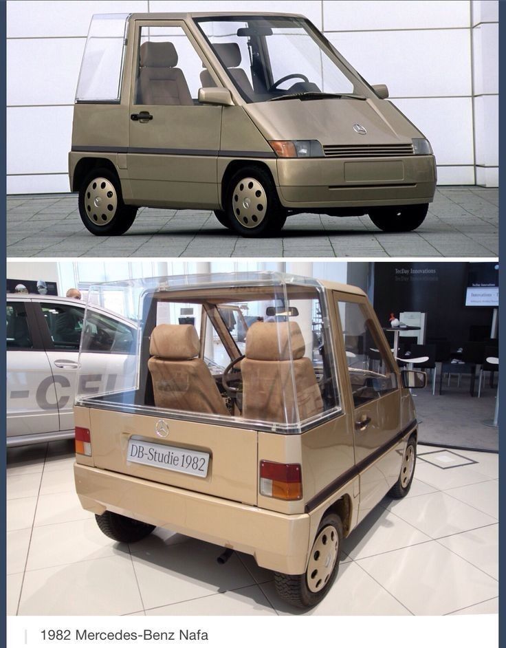 1982 Mercedes-Benz Nafa. Looks like a horizontally squished minivan that holds two people and has a plexiglass rear end