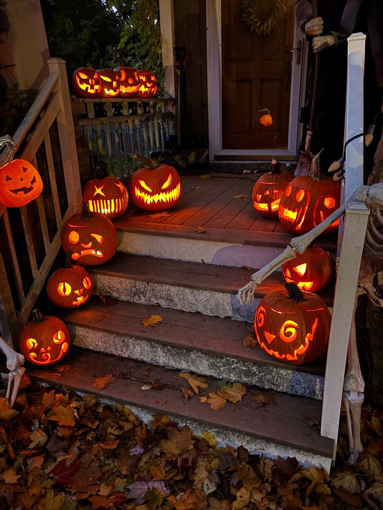 13 jack o lanterns on a short set of stairs