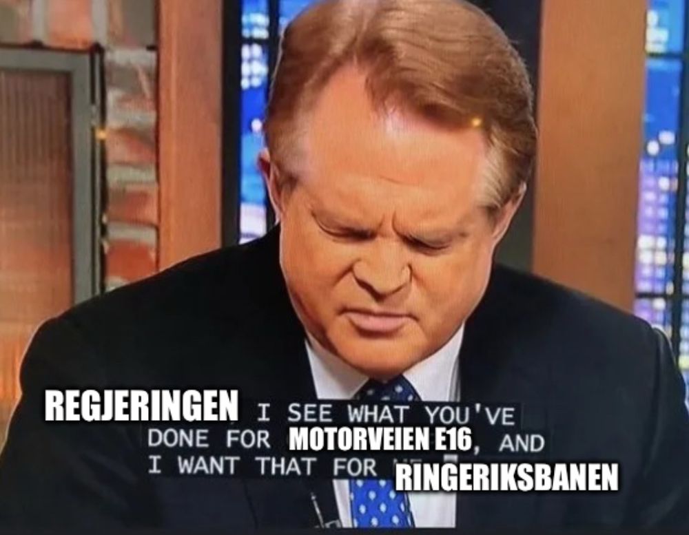 Preacher praying: Rregjeringen I see what you’ve done for Motorveien E16 and I want that for Ringeriskbanen”