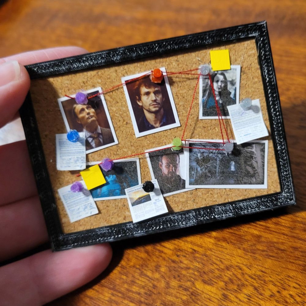 A hand holding a very tiny corkboard. There are little papers and sticky notes, and red strings connecting photographs. The photos are of Will Graham, Hannibal Lecter, Abigail Hobbs, Garrett Jacob Hobbs, and some of Hobbs' crime scenes, all from the NBC series Hannibal.