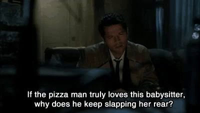 a man in a suit and tie is sitting on a couch and saying if the pizza man truly loves this babysitter