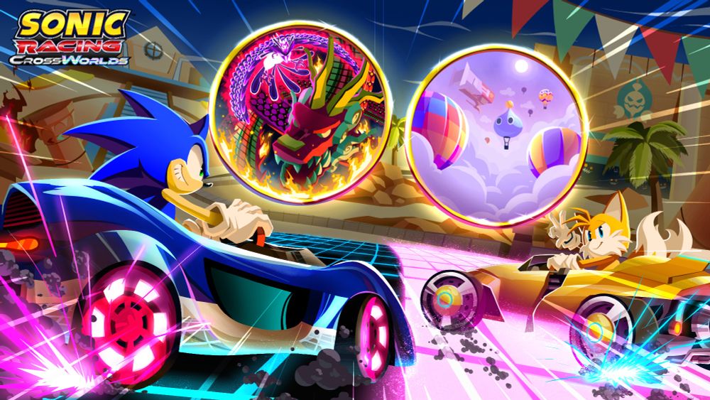 Artwork featuring Sonic and Tails drifting around a turn in Sand Road. Two Travel Rings appear, offering the drivers a choice to continue the path in either Dragon Road or Sky Road.