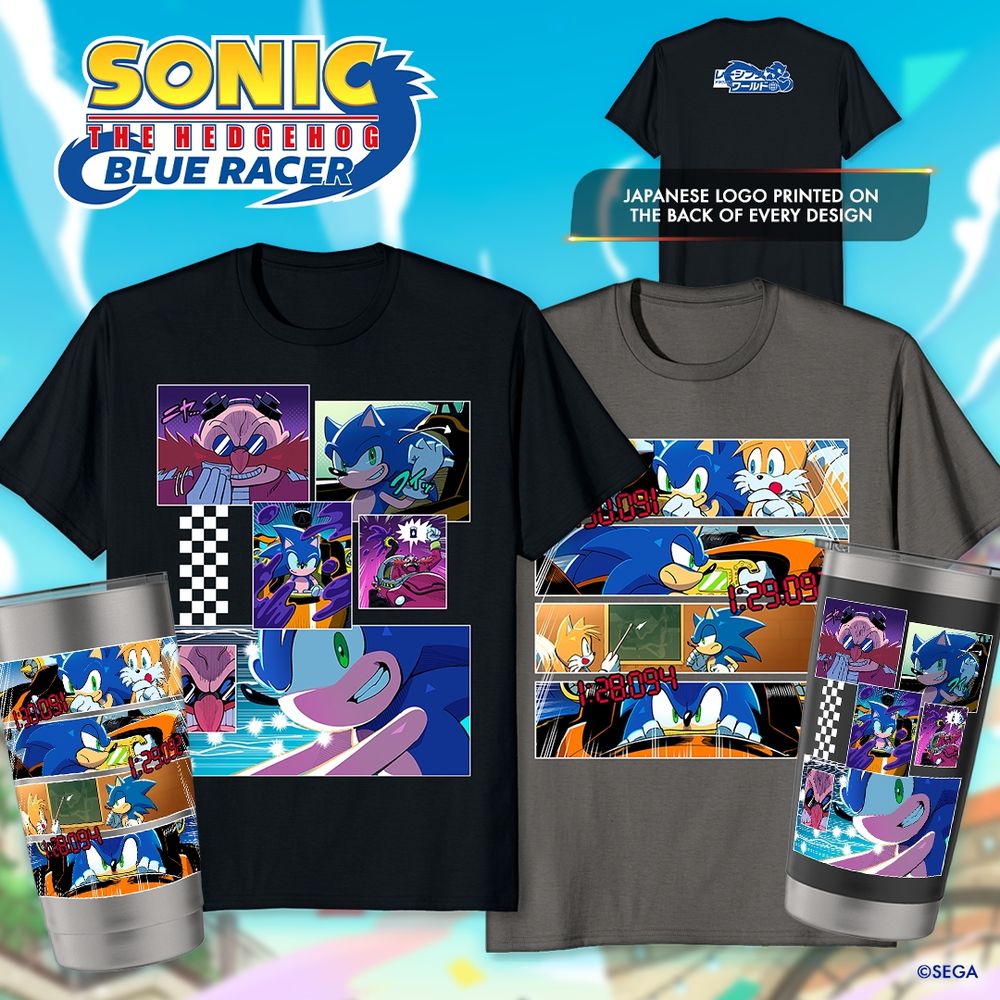New Merch drop for Sonic the Hedgehog: Blue Racer manga. Image features the Japanese logo printed on the back of every design. Image also features dark shirts and thermoses displaying various colored pages from the manga.