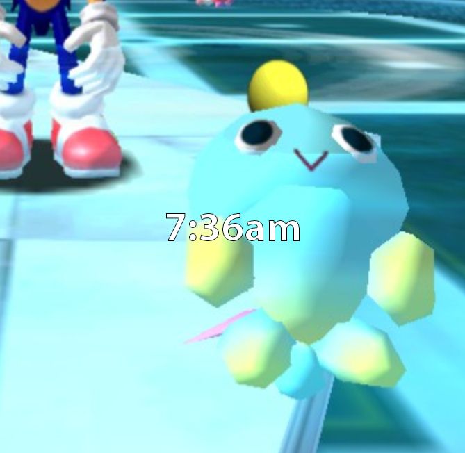 It's 7:36AM. A Chao floats gracefully in a pool while Sonic watches solemnly in the background.