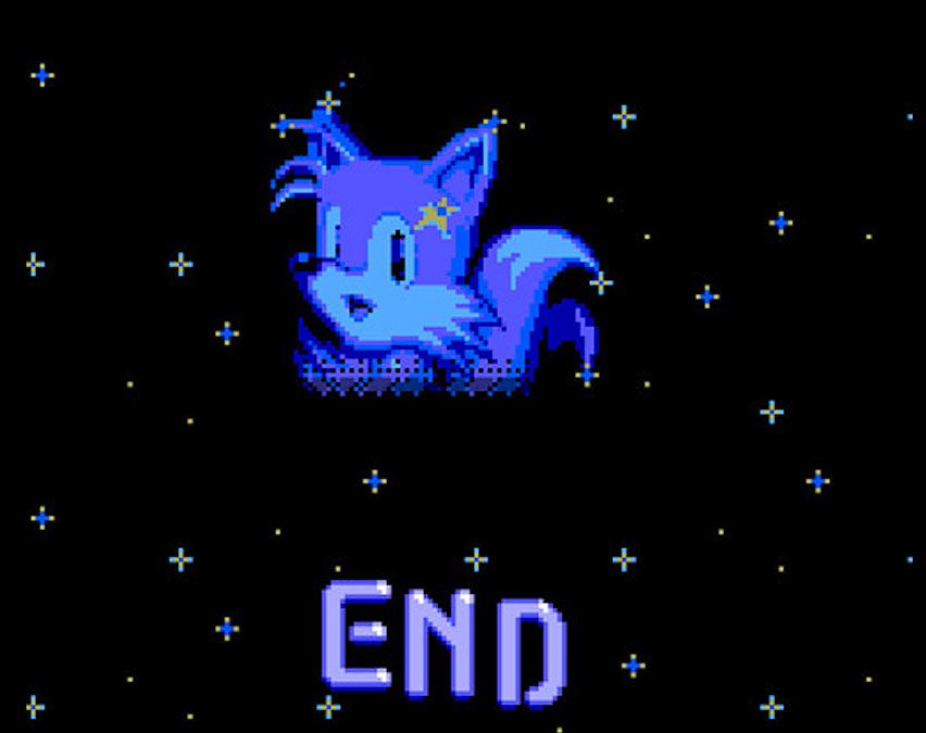 Game Over screen from Sonic the Hedgehog 2 for the Game Gear. A ghostly image of Tails is seen among the stars, along with the word "END".