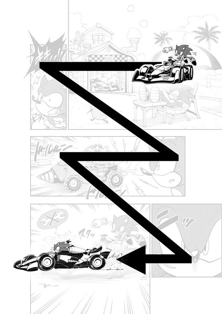 How to read the Sonic the Hedgehog x McLaren Manga. Sonic and his racecar demonstrates to viewers how to read manga. Starting from the top, it moves from the right panel to the left, down, right to left.