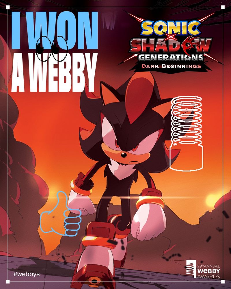 I Won A Webby. Screenshot of SONIC X SHADOW GENERATIONS featuring Shadow walking triumphantly towards the viewer. 25th Annual Webby Awards. #Webbys