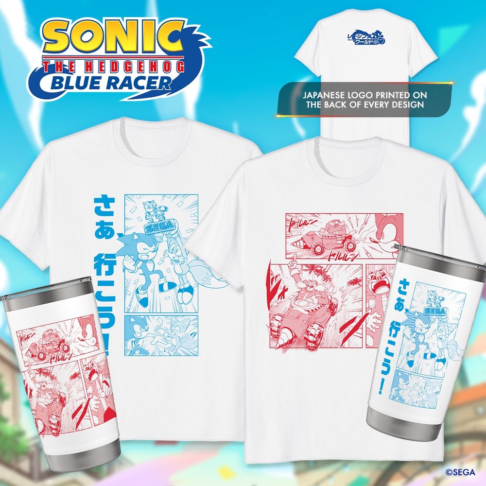 New Merch drop for Sonic the Hedgehog: Blue Racer manga. Image features the Japanese logo printed on the back of every design. Image also features white shirts and thermoses displaying various inked pages from the manga.