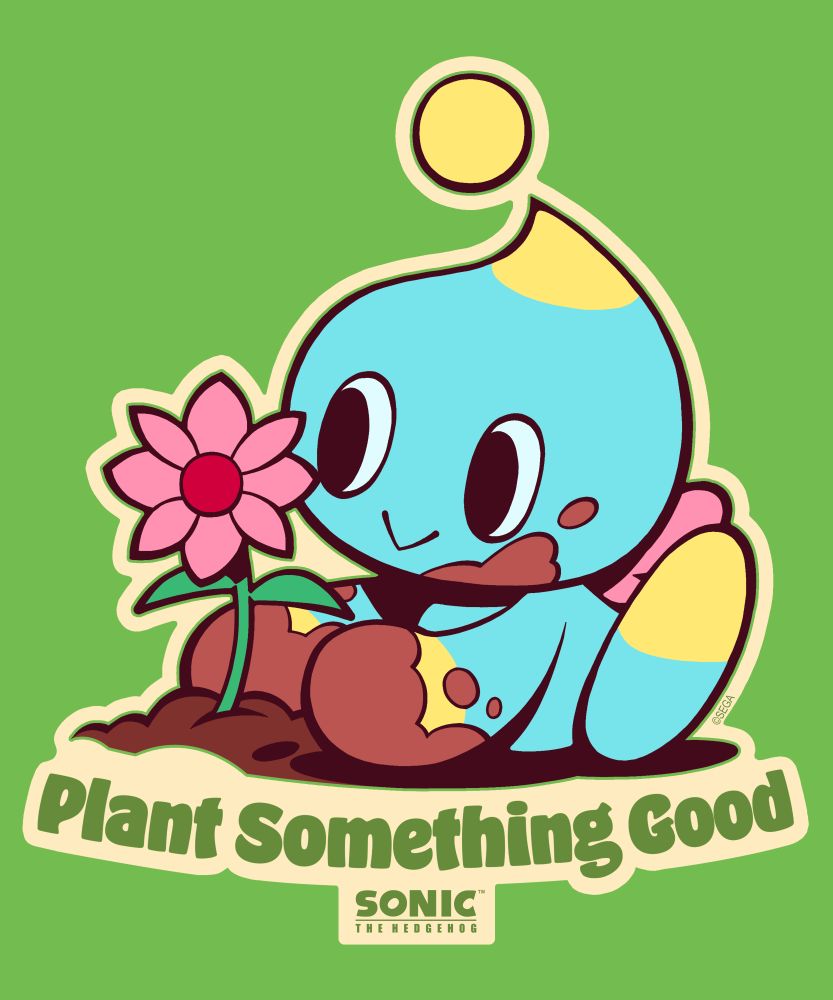 Plant Something Good! A mud-covered Chao is seen happily planting a pink flower.