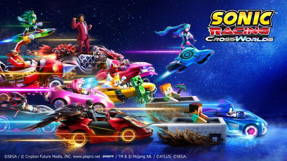 Sonic Racing: CrossWorlds key art featuring: Sonic, Shadow, Tails, Knuckles, Amy, Dr. Eggman, and Jet the Hawk alongside guests Hatsune Miku, Ichiban Kasuga, Joker, Steve, and Alex. 