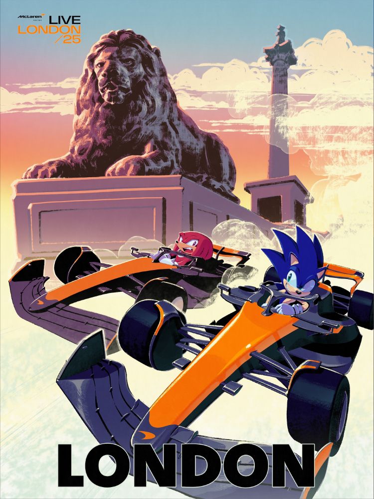McLaren Racing: London Live/25. Sonic and Knuckles race side by side in orange McLaren racecars near the Trafalgar Square Lion.