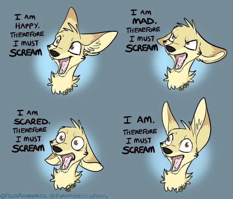 An animal drawn by FelisRandomis with various screaming expressions.

1. I am happy. Therefore I must scream.
2. I am mad. Therefore I must scream.
3. I am scared. Therefore I must scream.
4. I am. Therefore I must scream.