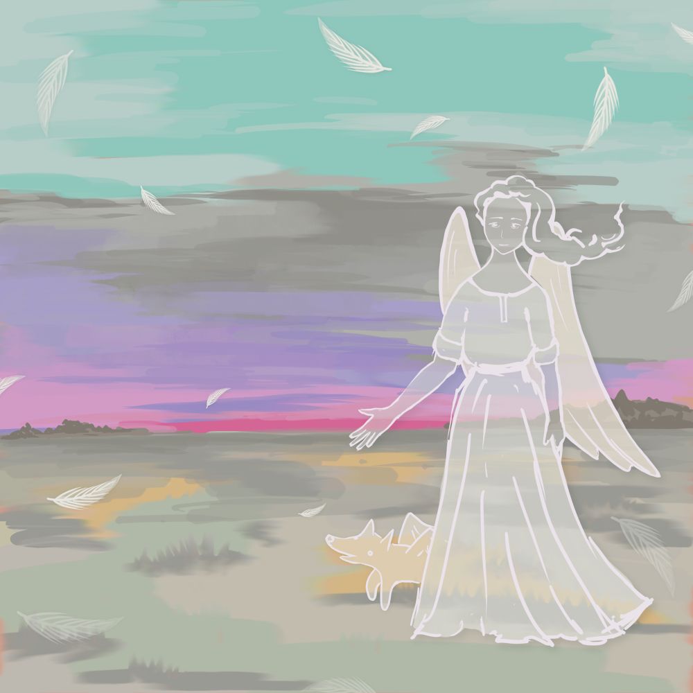 Picture of an angel girl with an angel dog on a sunrise-lit field