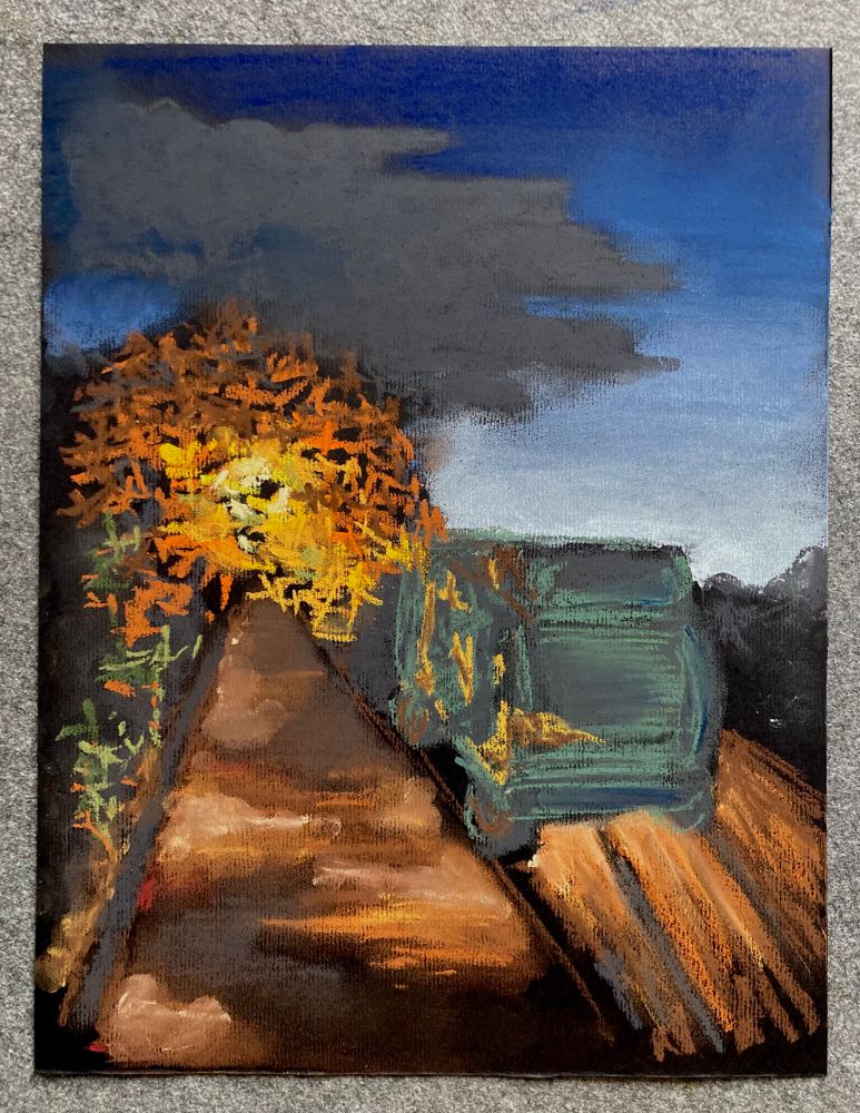 Pastel drawing of a street on sunset, lit with a streetlamp, seen through autumn yellow tree. There’s also a van on a side of a road. 