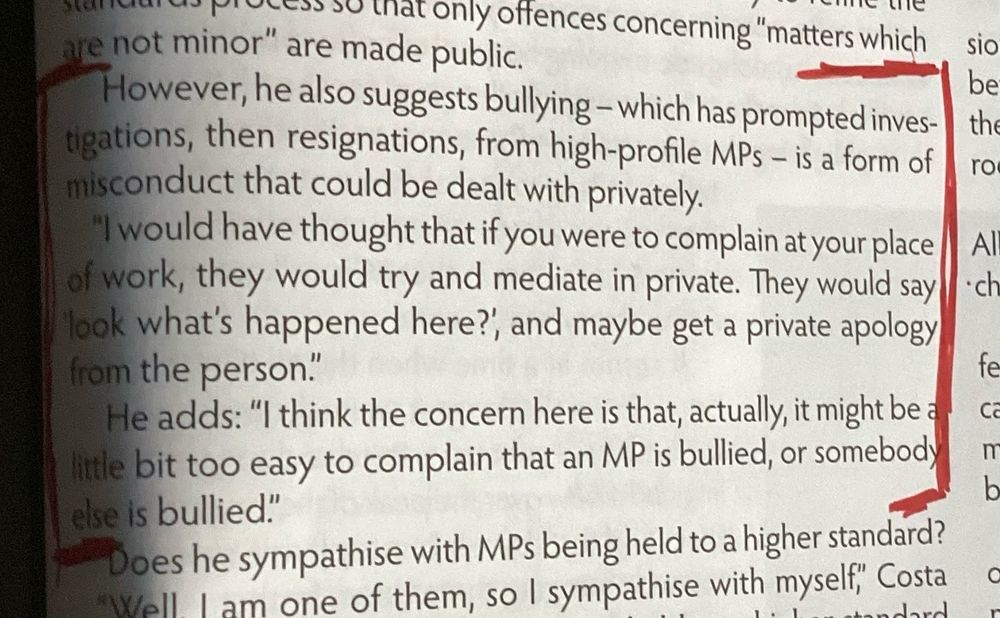 Section of Costa’s interview where he suggests bullying accusations should be dealt with by mediation rather than an independent investigation with potential sanctions. 