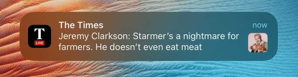 Push notification from The Times for a Jeremy Clarkson column attacking Keir Starmer