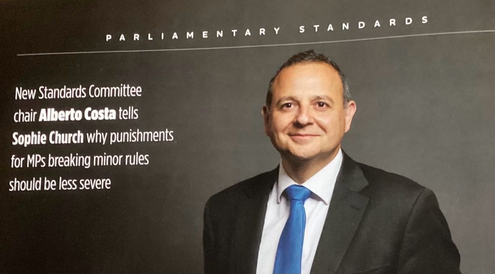 Photo of new Standards Committee chair Alberto Costa MP, being interviewed by The House magazine. 