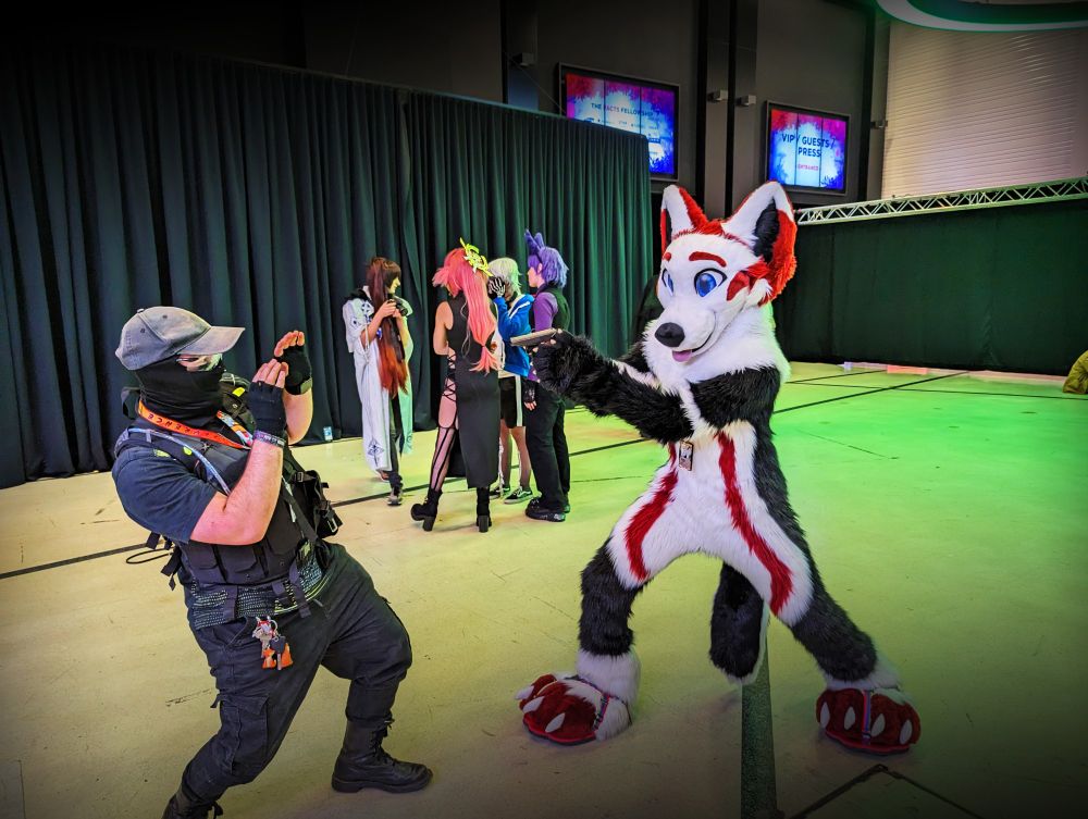 A white, red and black fox fursuiter aiming a toygun to another cosplayer in heavy armor.